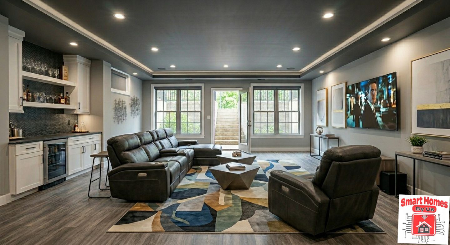 After: the basement finished as a lounge with a leather sectional, a kitchenette with a wine fridge and a wall-mounted TV