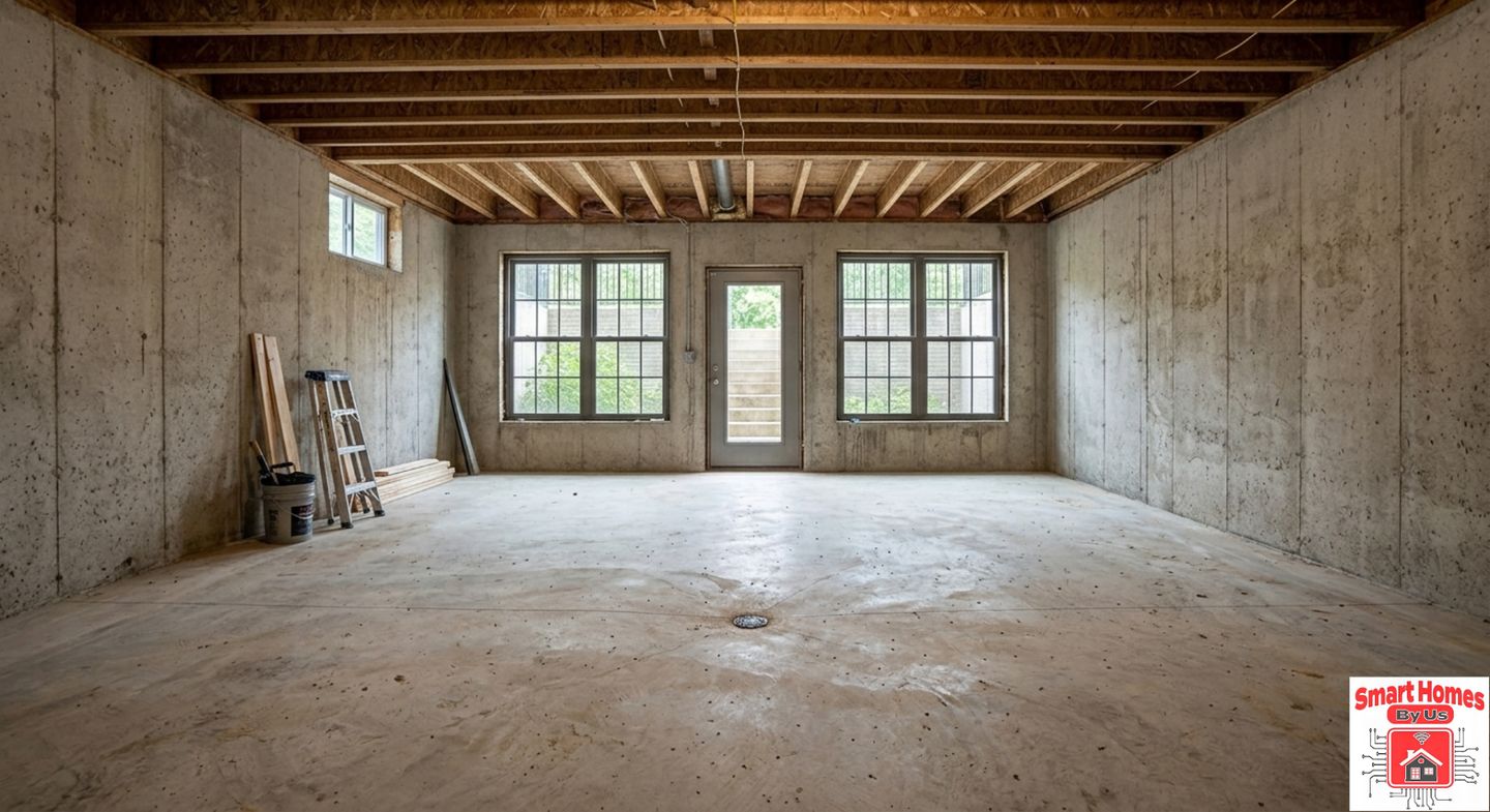 Before: the same basement with bare concrete walls and floor, open ceiling joists, two windows and a door