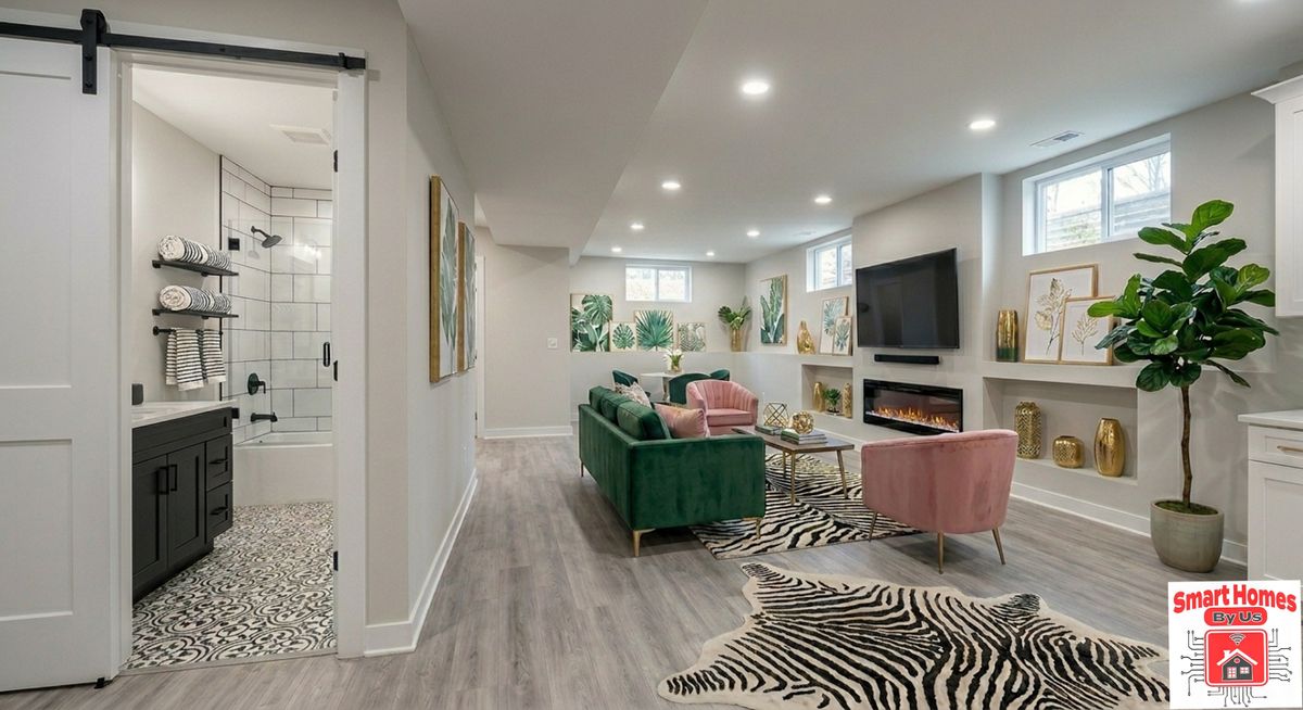 Remodeled living area with an electric fireplace, built-in niches and a full bathroom behind a barn door