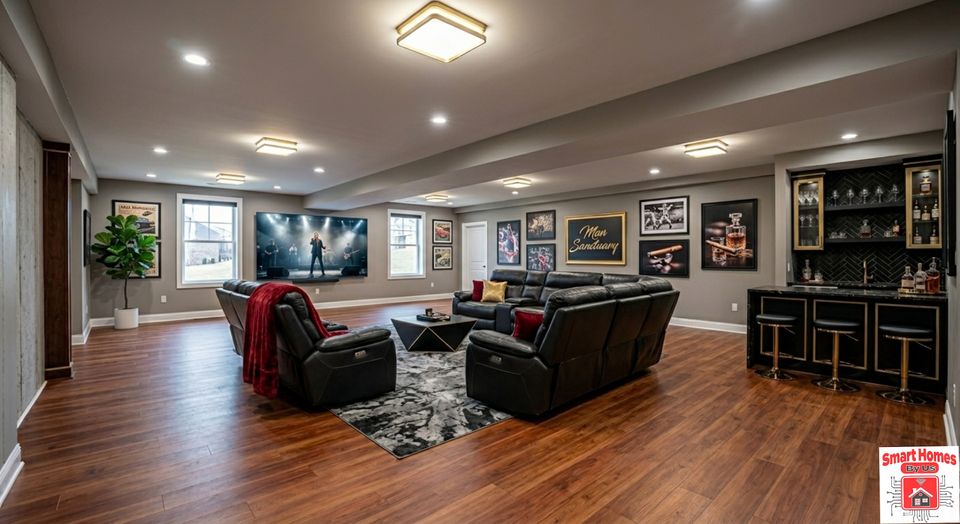 Finished basement rec room with a leather sectional, wall TV and a black and gold bar
